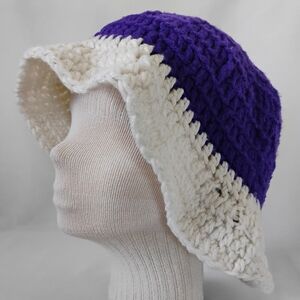 Women's Purple & White Handmade Crochet Bucket Hat Two-Tone Granny Cottagecore